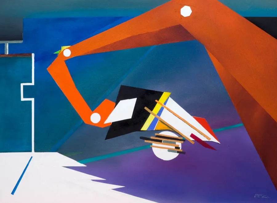 geometrical shapes of machinery in a painterly stylet art a watercolour painting