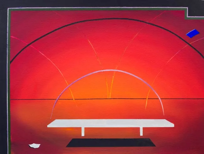 surreal art - an empty table in red space with an echo - room with a view