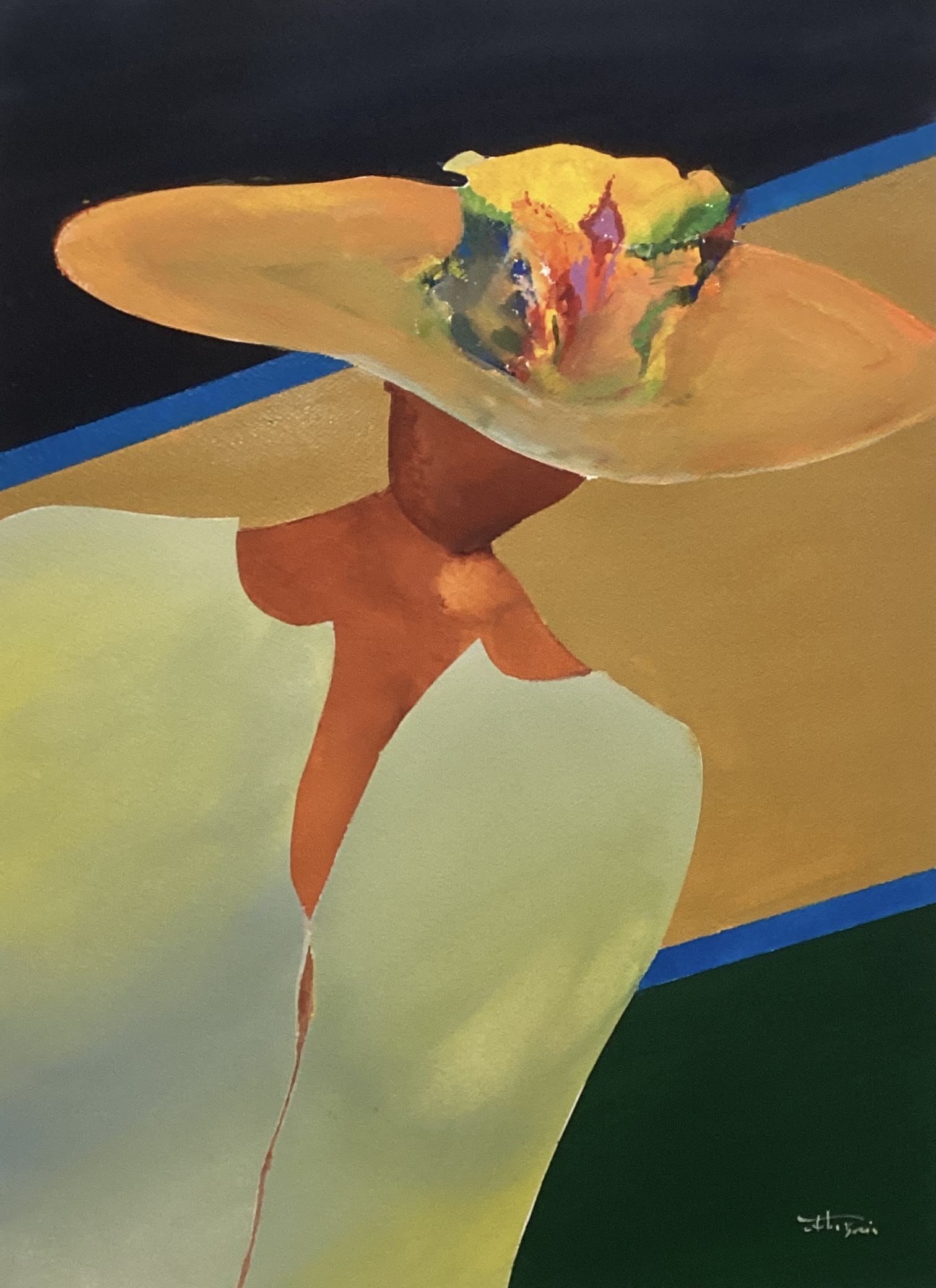 painting of a happy lady in a colourful hat