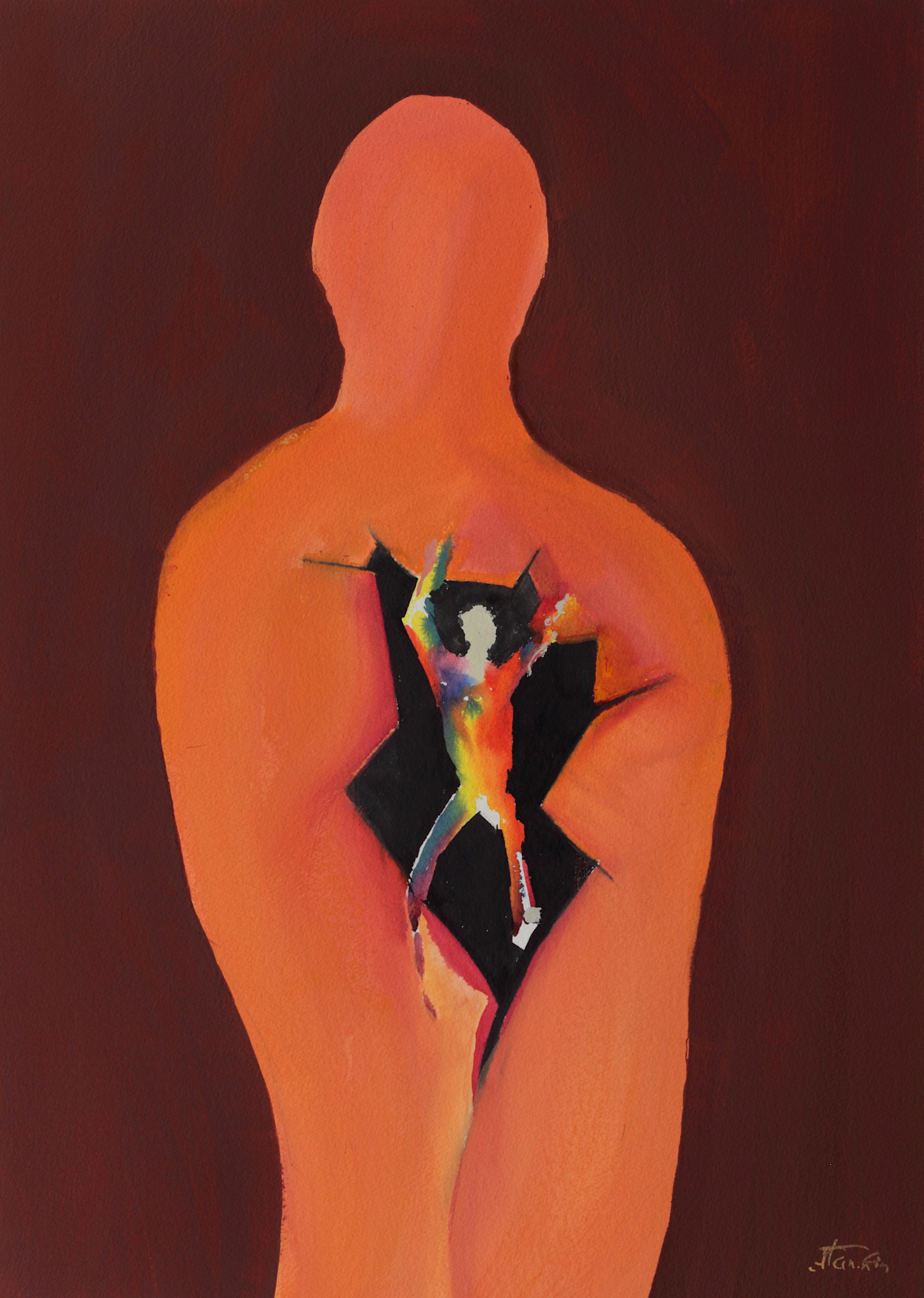two abstract figures in muted browns with a little bright yellow and red. - no words for this one