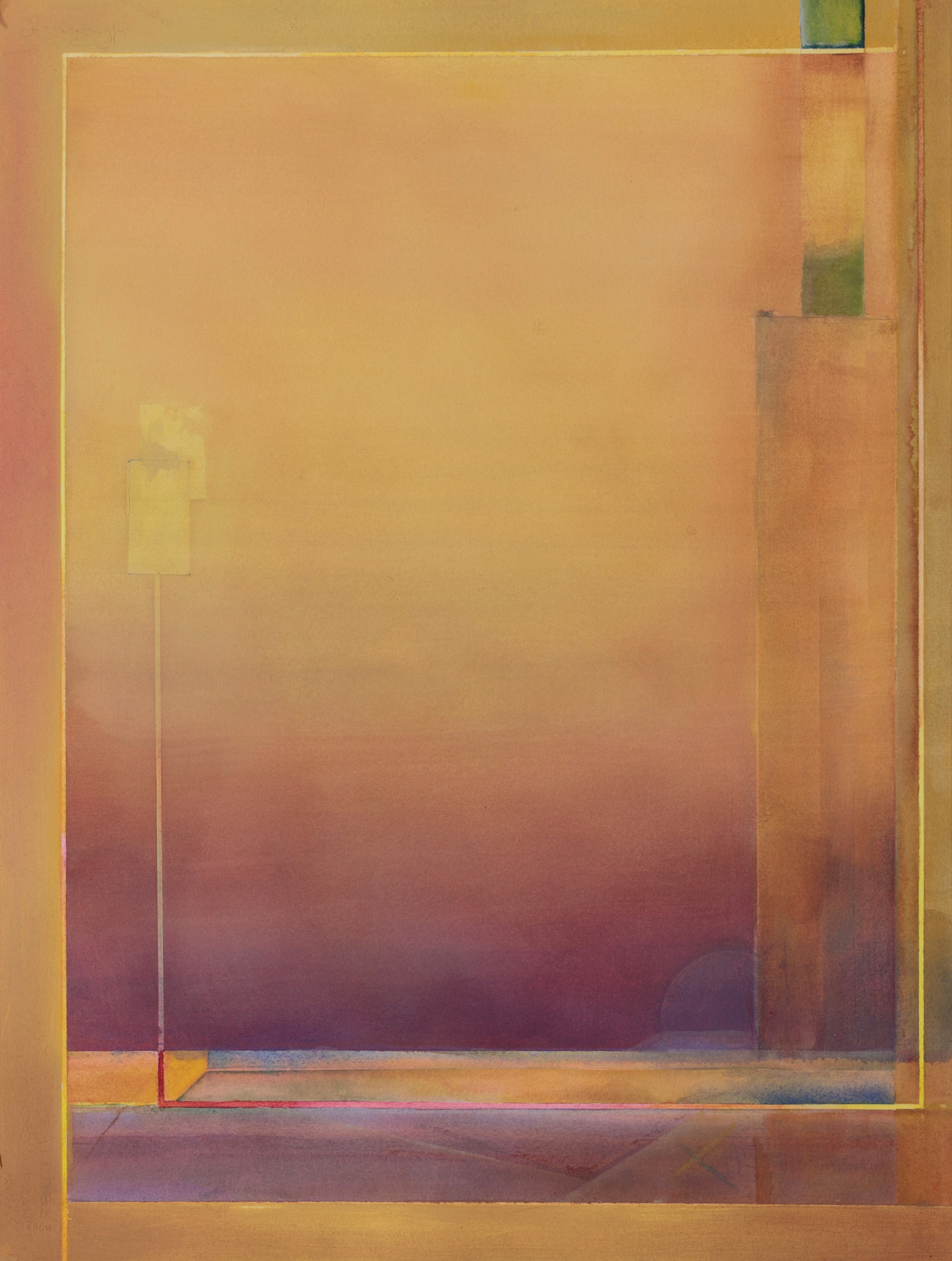 geometric minimal painting with large warm yellow and indistinct rectangular shapes